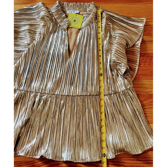 THML gold pleated holiday Christmas party women's shirt metallic shimmer top NEW - Picture 14 of 16